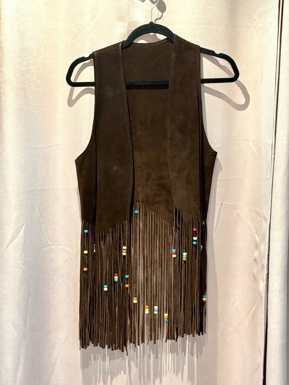 Brown Suede Fringe Vest with Bead Details - Women Accessories